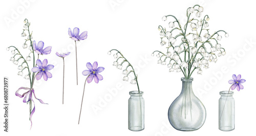 Watercolor flower arrangement with white bouquets of delicate lilies of the valley and delicate lilac Scilla. First spring flowers in glass jar. Primroses the anemones. Design for postcard.