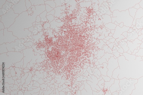 Map of the streets of Yaounde (Cameroon) made with red lines on white paper. 3d render, illustration