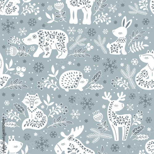 Vector seamless pattern. White ornate silhouettes of forest animals deer, bear, elk, fox, hare, squirrel, hedgehog among flowers on a gray background