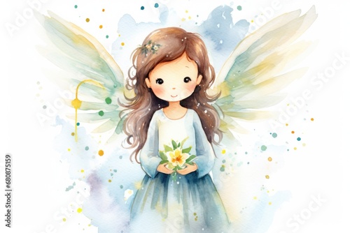 Winged girl with long wavy hair adorned with white flowers. Dreams and imagination.