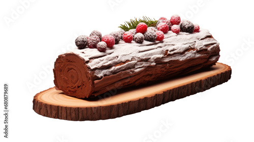 Christmas Log cake on white isolated on clear png background and transparent background. Bakery and pastry concept for cafe and restaurent, AI generative. 