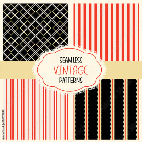 Collection of seamless retro style background of black, red, beige color. Endless texture can be used for vintage design, wallpaper, pattern fills, web page background, surface textures. Vector EPS8