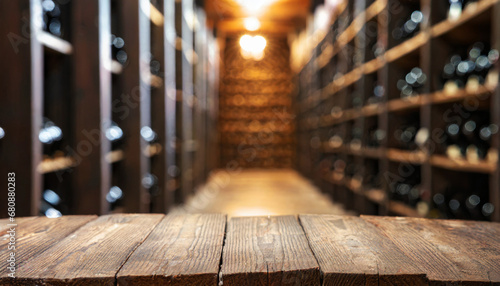 Empty wooden table and blurred wine cellar in the background. For product showing