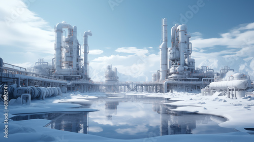 frozen industrial landscape in winter, 3d render and blue sky. Oil refinery in winter with snow.