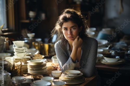 Tired exhausted woman sitting at table with many plates.