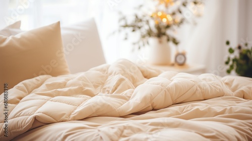 Warm ivory duvet quilt lying on bed