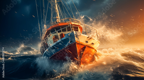 Fishing trawler in stormy sea, 3d render. Fishing boat in wavy ocean at sunset