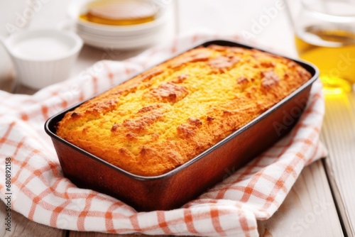 a homemade bbq cornbread loaf on a linen cloth