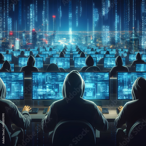 army of hackers coding at night, cyber security concept