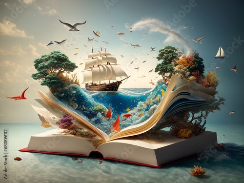 a whimsical 3D artwork of an open book with pages transforming into a vivid and bustling ocean scene