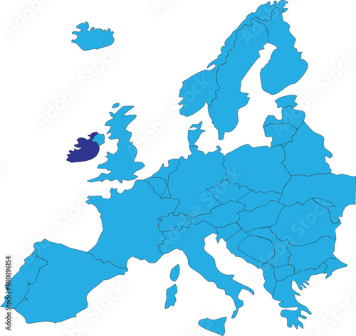 Dark blue CMYK national map of IRELAND inside simplified blue blank political map of European continent on transparent background using Peters projection