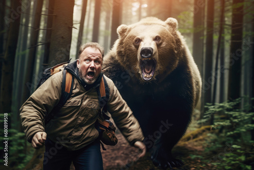 a backpacker hurriedly running away from a bear in a survival situation, underscoring the dangers of wildlife encounters in the wilderness.