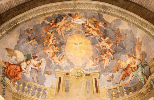 VICENZA, ITALY - NOVEMBER 6, 2023: The fresco Holy Spirit in the main apse in the chruch Basilica dei Santi Felice e Fortunato by Giulio Carpioni (1613 - 1678).