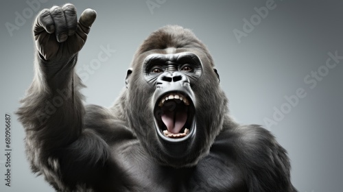 gorilla kong is angry and screams, a wild animal on a gray background calling with one hand to victory