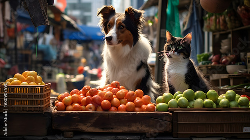 市場の店頭に座る犬と猫