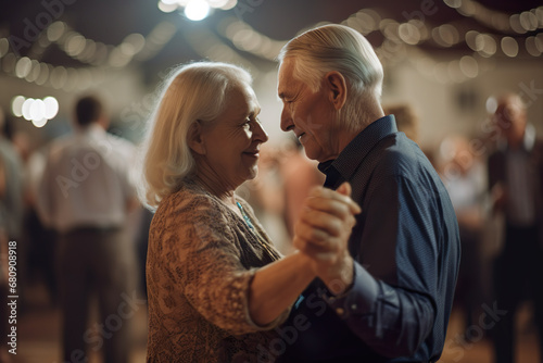 Senior stylish married couple dancing at home Europeans in their 60s, 70s, on the dance floor, dancing a slow dance