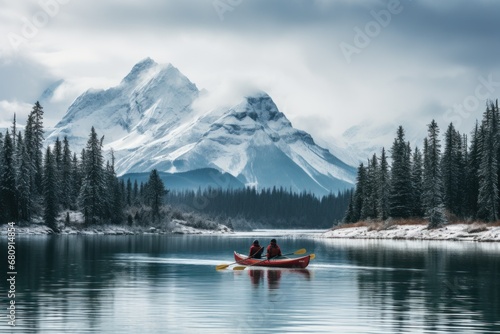Male and female, two traveler in winter coat canoeing in Spirit Island on Maligne Lake at Jasper national park