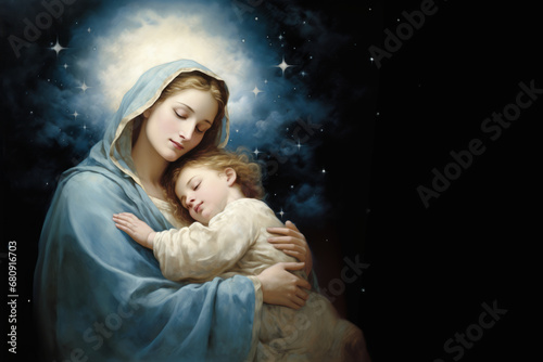 This religious art poster showcases the divine connection between Jesus and Mary, set against a deep sky-blue backdrop combined with a subtle dark beige. It centers on the revered Madonna and child.