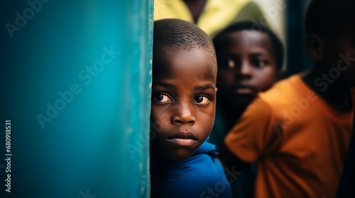 Young Boy at Haitian Orphanage Door, Contemplative Look