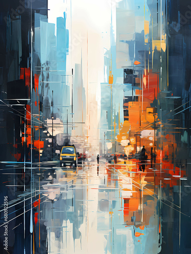 A Painting Of A Street With A Car And People Walking On It - Abstract art of cityscapeillustration painting