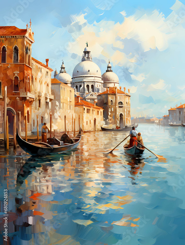 A Painting Of A Canal With A Couple Of People In A Boat With Grand Canal In The Background - Amazing Venice - artwork in painting style
