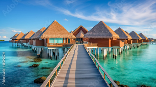 tropical water home villas on Maldives island at summer vacation. 