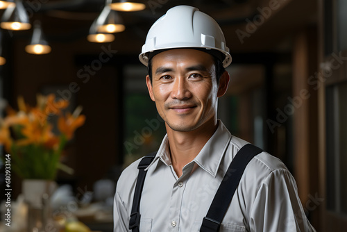 Portrait of asian engineer or architect wearing safety helmet and looking at camera. ia generative