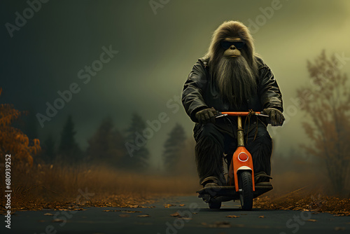 hairy beast Bigfoot rides scooter