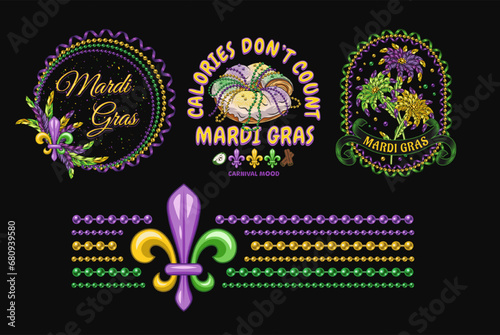 Carnival Mardi Gras labels with Fleur de Lis, holiday food, party streamers, strings of beads, text Vintage illustrations on black background For prints, clothing, t shirt, holiday goods, stuff design