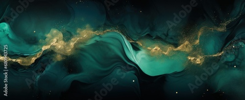 Green marble with golden veins abstract ink paint liquid background. Green and golden texture with marble surface. Dark green aqua abstract painted wavy marble background
