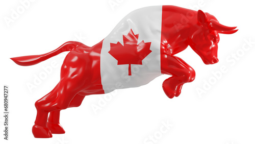 A charging bull with Canada flag on transparent background representing Canada bull stock market. 3d rendering
