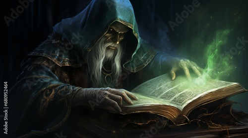 A cloaked sorcerer summoning spectral creatures from a haunted tome. Digital concept, illustration painting.