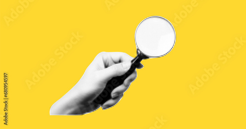 Collage on the theme of seo. Modern elements with a hand holding a magnifying glass. Trendy shapes. Vector yellow background