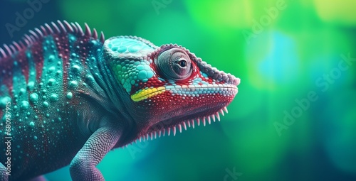 Beautiful close-up of Chameleon on green background. Change and adaptation concept. Generative AI