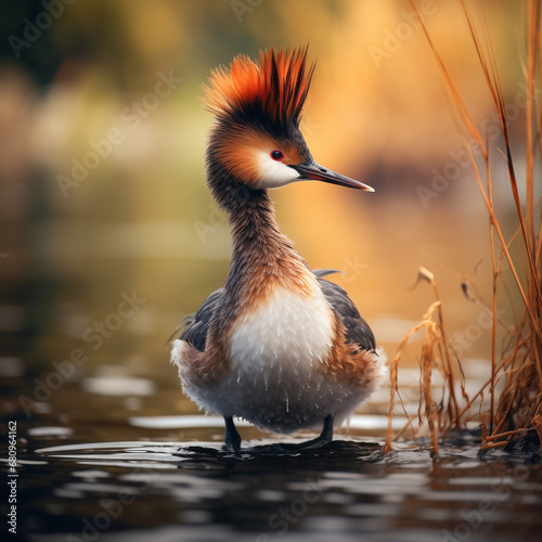 Realistic image of an Australian crested grebe standing on the shore of a lake, unusual background.