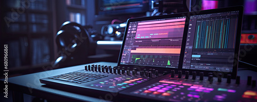 Modern studio control desk. Recording or sound DJ proffesional system. sound equipment for concert.