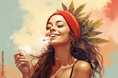 A smiling girl smokes a joint of marijuana, weed inhaling