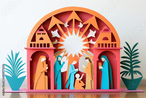 Paper cut out festive nativity scene