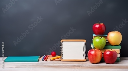 School stuff with copy space on green blackboard. Back to school concept background 3D Rendering backpacks map