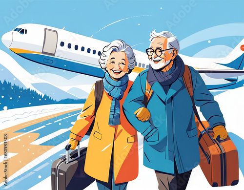 飛行機で旅行に出かける仲のいいシニア夫婦 A close senior couple traveling by plane
