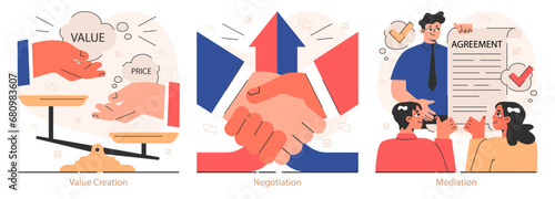 Win-win set. Professionals, employees navigate challenges, finding mutual success. Compromise, synergy and collaboration in negotiation process. Flat vector illustration.