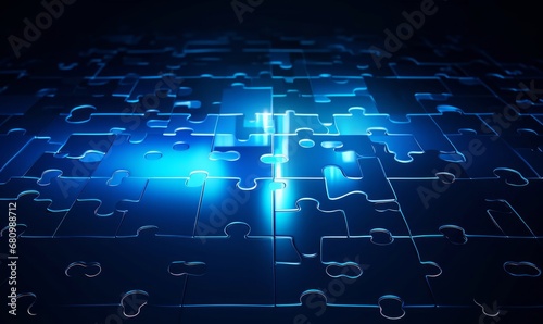 Puzzle in a digital futuristic style. Leadership concept, a piece of the puzzle is highlighted. illustration on a dark night background with light, Generative AI