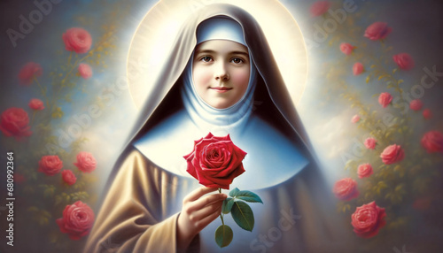 Graceful Saint Thérèse Illustration: The Little Flower with a Red Rose.