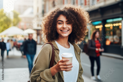 Portrait of beautiful smiling woman walking city street with coffee cup in hands. 