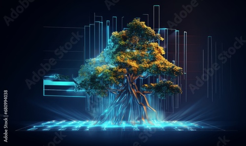 Digital tree on the background of a graph with numbers in a futuristic polygonal style. Concept of creating capital or investing or stock market. illustration with light, Generative AI