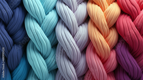 Colourful knitted yarn string material macro photo.