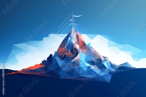 The path to success in the digital futuristic style. Business goals achievement concept. illustration of a mountain with a flag in a polygonal wireframe, Generative AI