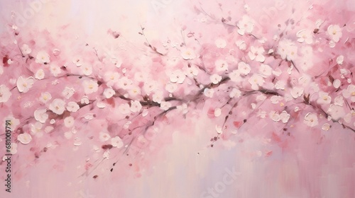 A soft pastel pink background adorned with delicate cherry blossoms in full bloom, their petals gently falling to the ground, creating a serene and dreamy atmosphere.