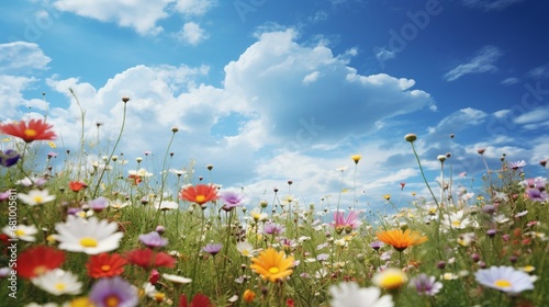 A patch of wildflowers in a meadow under the clear sky.