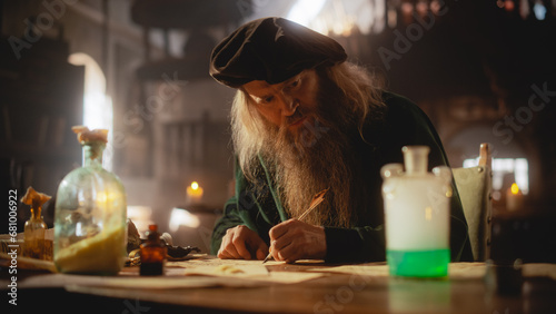 Fantasy Setting: Portrait of an Alchemist Working on Elixirs in his Medieval Laboratory, Taking Notes. An Old Sorcerer Creating a Healing Potion for his Village, Experimenting with Chemical Reactions